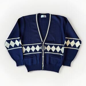 Vintage Pebble Beach Cardigan M Blue Wool Argyle Diamond 80s Golf Bridgestone